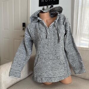 Black & white striped women's pullover hoodie poncho Baja woven